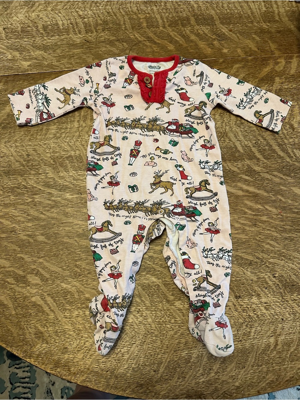 Mud Pie Pink Holiday Print Footed One-Piece with Red Trim